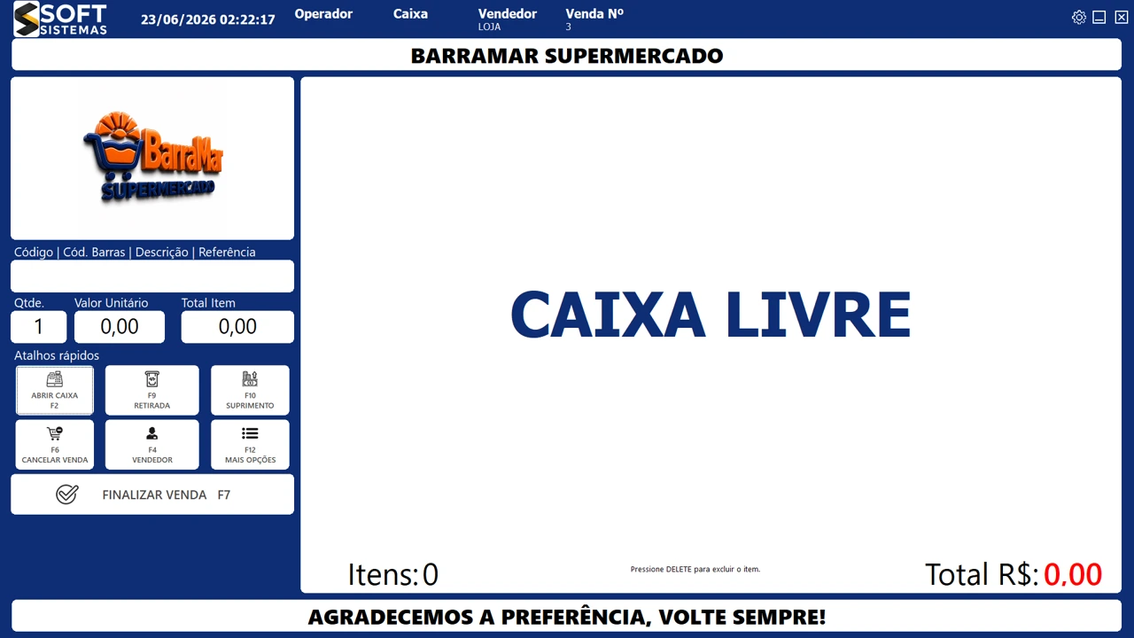Tela de PDV do SoftERP para venda no caixa e atendimento no comércio